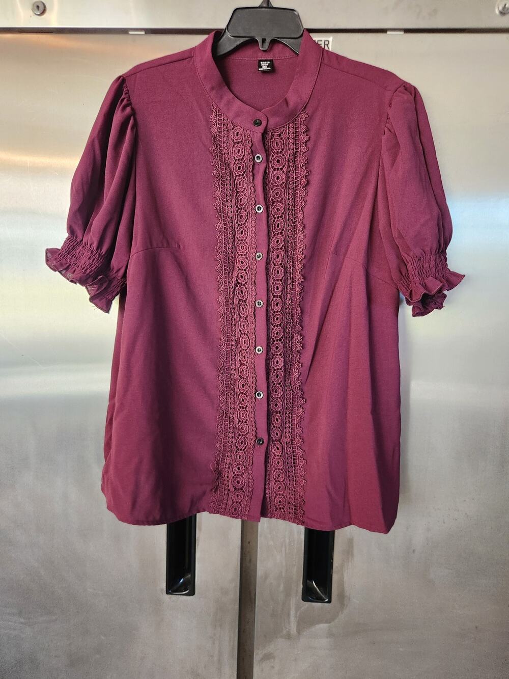 SHEIN Curve Womens Button Front Blouse 2XL | Burgundy Lace Trim Puff Sleeve